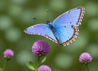 Blue butterfly with orange and black markings on its wings perched on a purple clover flower with green foliage in the background