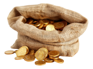 Digital cryptocurrency Bitcoins spilling from burlap bag, cut out - stock png.