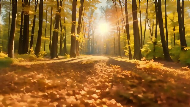 Sunlight streaming through golden autumn trees onto a forest path covered with fallen leaves.