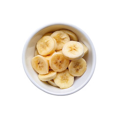 Banana slices in a bowl isolated on transparent background. Top view.