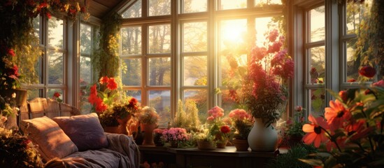 A room filled with numerous windows allowing sunlight to filter through, with each window adorned with vibrant blooming flowers. The space exudes a refreshing and lively atmosphere.