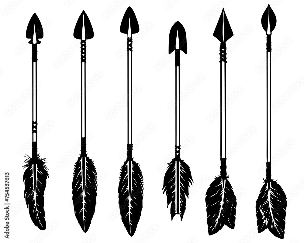Poster set of ethnic of bow arrows with feathers in engraving style. vector illustration in boho style