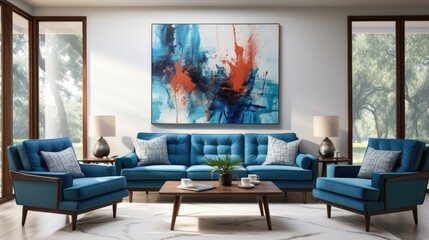 A blue living room with a large painting on the wall. The furniture is blue and the room has a...