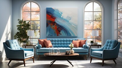 A blue living room with a large painting on the wall. The room is furnished with a couch, two chairs, and a coffee table. There are also potted plants and a vase on the table - obrazy, fototapety, plakaty