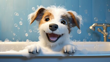 A dog with soap suds on his head while bathing in the bathtub. The concept of pet care. A favorite pet.