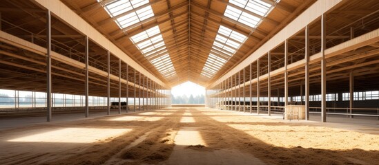 A new, modern cowshed with a spacious interior and a large skylight in the middle bringing in natural light. The building is empty, showcasing its potential for agriculture industry, farming,