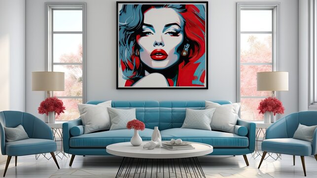 A woman's portrait is hanging on the wall in a living room. The room is decorated with blue furniture and has a modern, minimalist style. The woman in the portrait is wearing red lipstick