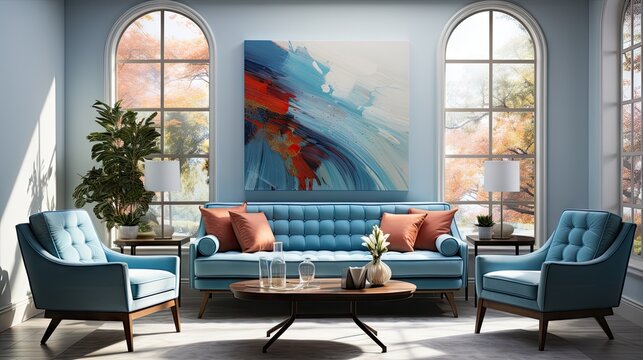 A blue living room with a large painting on the wall. The room is furnished with a couch, two chairs, and a coffee table. There are also potted plants and a vase on the table