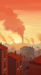 Cityscape with sunset and smoking factory chimneys in the background