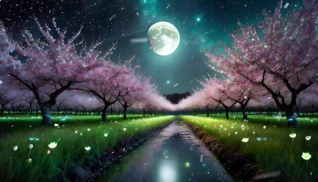 night landscape with moon and stars. seamless animaton video 4k,