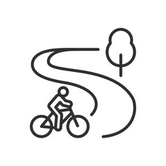 Bicycle ride in nature, linear icon. A person riding a bicycle in the park, a path and a tree. Line with editable stroke