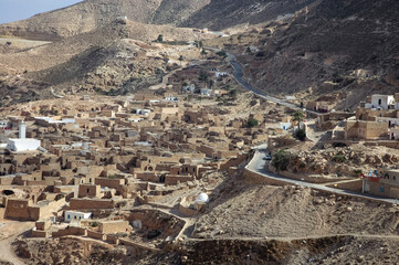 Aerial view of Toujane Berber village near Matmata city, Kebili Governorate in Tunisia