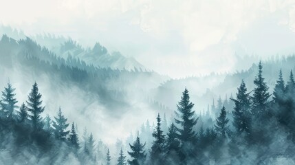 Fototapeta na wymiar Misty landscape background with fog and fir forest in watercolour style, nature poster or banner