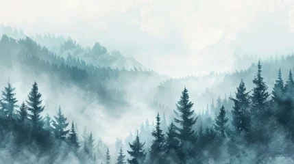 Foto op Aluminium Misty landscape background with fog and fir forest in watercolour style, nature poster or banner © eireenz