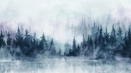 Misty landscape background with fog and fir forest in watercolour style, nature poster or banner