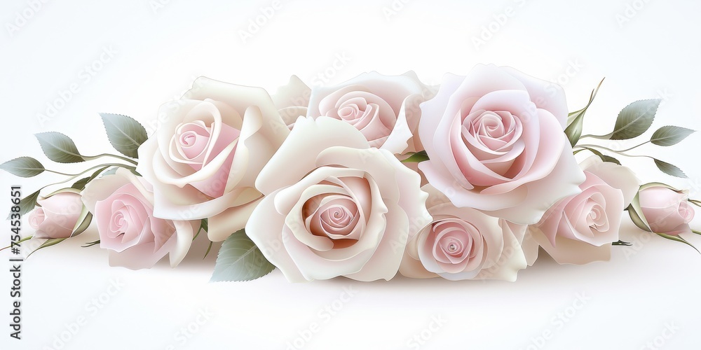 Wall mural sleek and elegant white roses with delicate pink tinges and silver eucalyptus leaves on a white back