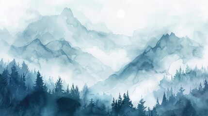 Misty landscape background with fog, mountains and fir forest in watercolour style, nature poster or banner
