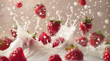 Strawberries and raspberries in a milk splash