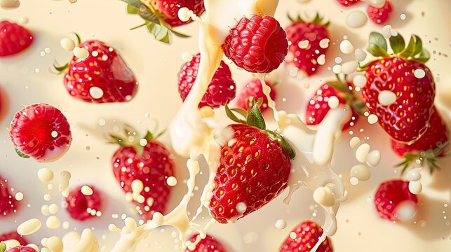 Strawberries and raspberries in milk splash