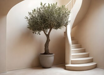 An olive tree in a large pot next to a white staircase inside a room with beige walls