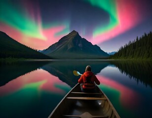 Person in a red jacket sitting in a canoe on a calm lake with a mountain in the background under a sky with northern lights - obrazy, fototapety, plakaty
