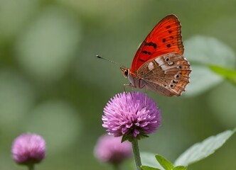 Orange butterfly with white stripes on its wings perched on a purple flower with more yellow flowers and orange leaves in the background