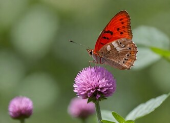 Fototapeta premium Orange butterfly with white stripes on its wings perched on a purple flower with more yellow flowers and orange leaves in the background
