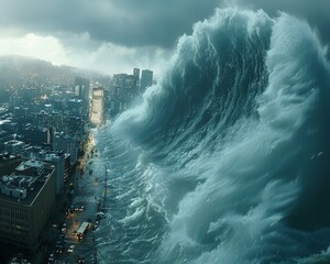 Apocalyptic Giant Tsunami Wave Approaching City, Dramatic Concept Art for Disaster-Themed Projects - obrazy, fototapety, plakaty