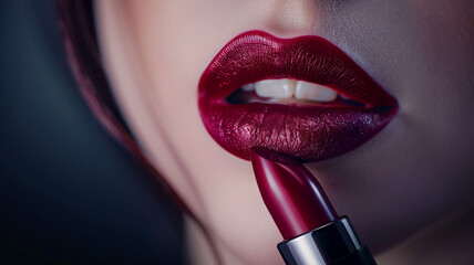 Obraz premium Red Lips Close up. Woman Beauty Face Make up. Glossy Shiny Lipstick Cosmetic. Model with Plump Lips Sexy Mouth