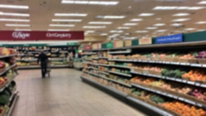 blurry background of corner of a hypermarket