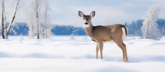 A white-tailed deer doe is seen standing in the snow in front of a backdrop of trees in Olympia, Washington, USA. The deer appears alert, possibly scanning the surroundings for any potential threats.