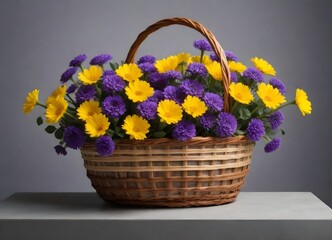 Fototapeta na wymiar A wicker basket filled with yellow and purple flowers against a gray background