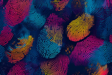 Colorful Fingerprint Patterns on Dark Background. Vibrant neon-colored fingerprint patterns overlaid on a rich, dark blue background, creating a modern abstract design.