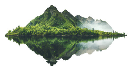 Lush mountain island with perfect reflection in a serene lake setting, cut out - stock png. - Powered by Adobe