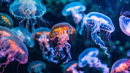 A group of colourful luminescent jellyfish swimming in the deep sea