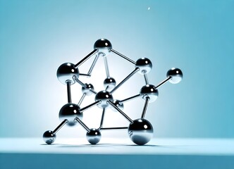 Black spherical atoms connected by rods in a molecular structure on a blue gradient background
