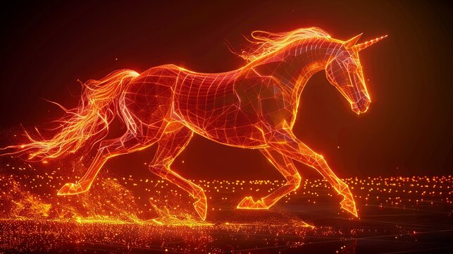 A model of a horse in the style of a glowing grid. The hoofed animal is running fast. Illustration for cover, card, postcard, interior design, banner, poster, brochure or presentation