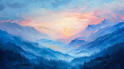 A painting of a ridge of mountains and the sun. Landscape at sunset or sunrise. Natural background in painted style. Illustration for cover, card, postcard, interior design, poster, brochure, etc