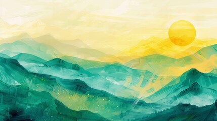 A painting of a ridge of mountains and the sun. Landscape at sunset or sunrise. Natural background in painted style. Illustration for cover, card, postcard, interior design, poster, brochure, etc