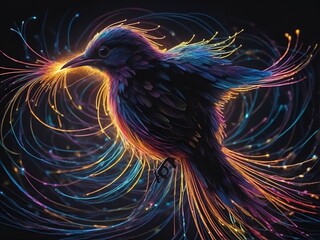 Bird in flight, abstract background with stars and lights