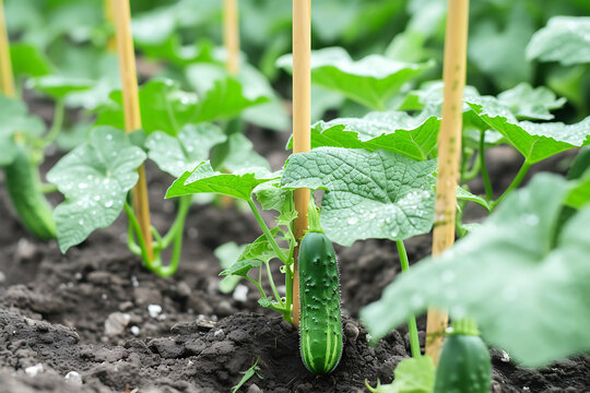 Cucumber Plants Supported by Stakes in Soil. Close-up of cucumber plants with young fruits supported by vertical wooden stakes in fertile soil. Horizontal photo
