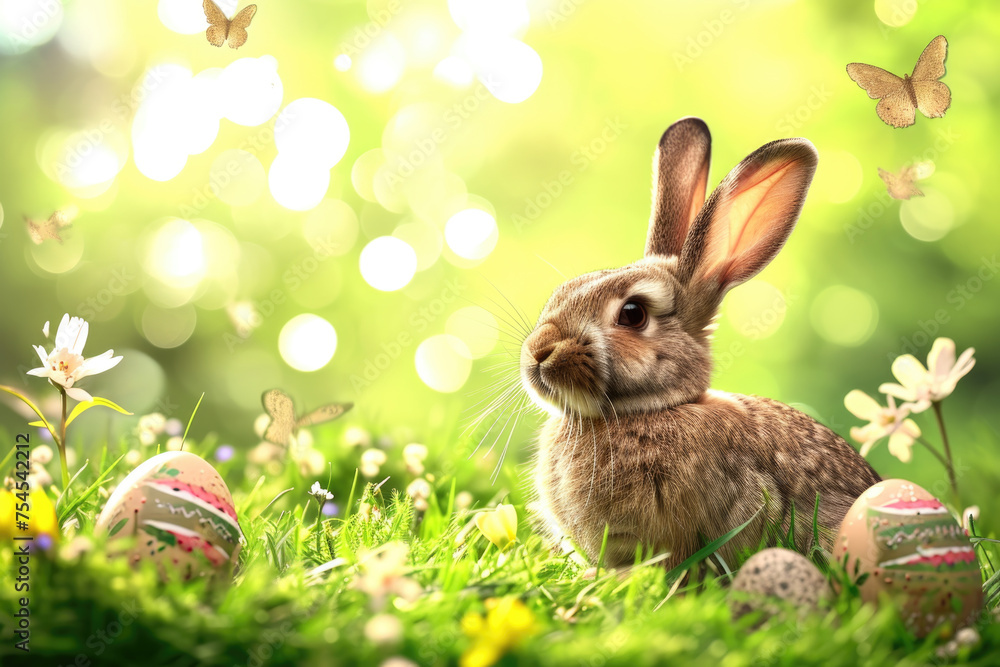 Poster rabbit is sitting in field of grass with few eggs scattered around it