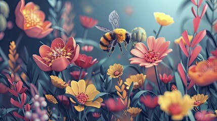 A busy bee pollinating flowers showcases the vital role of pollination in food production. - obrazy, fototapety, plakaty