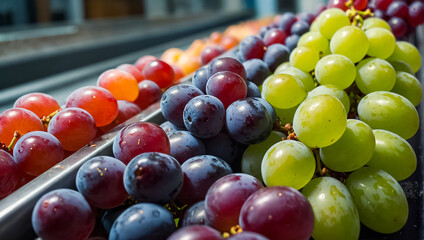 conveyor belt with fresh grapes harvesting