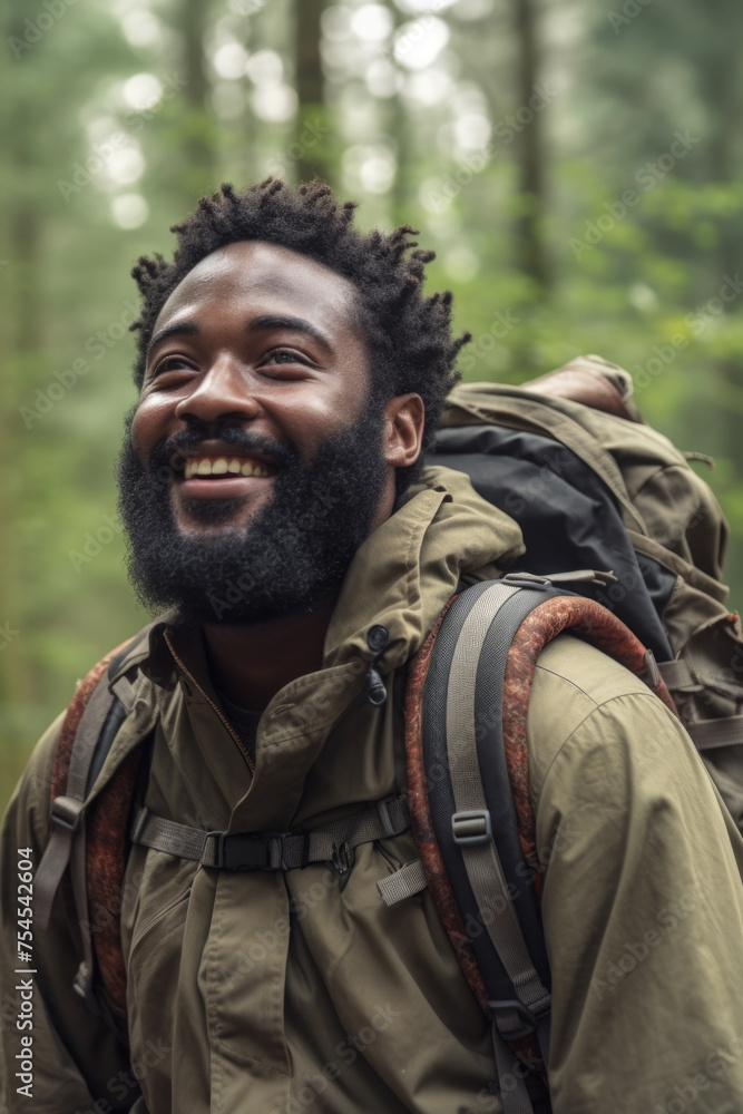 Poster man with backpack and beard is smiling