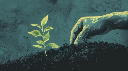 A hand plants a seedling in rich soil, symbolizing the growth of future carbon sinks. - obrazy, fototapety, plakaty