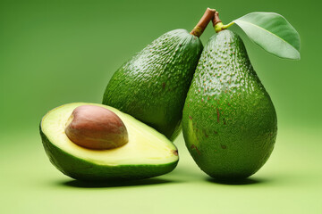 Whole and halved avocados with leaf on a green backdrop.