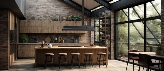 A kitchen featuring a stylish bar area with numerous stools for seating. The design blends rustic and modern elements, incorporating both light and dark colors.