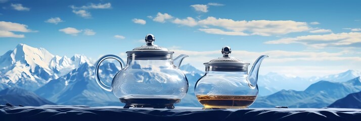 A teapot with a mountain on it sits on a table with a vase of flowers - obrazy, fototapety, plakaty
