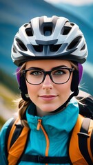 Woman wearing helmet and glasses stands confidently before towering mountain backdrop ready for adventure and exploration.She may be gearing up for bicycle ride or some other outdoor activity.